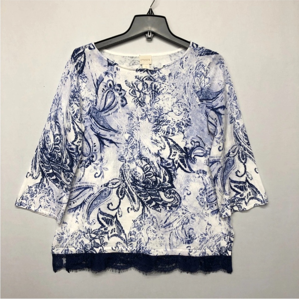 Chico's Navy and White Floral Women's Blouse